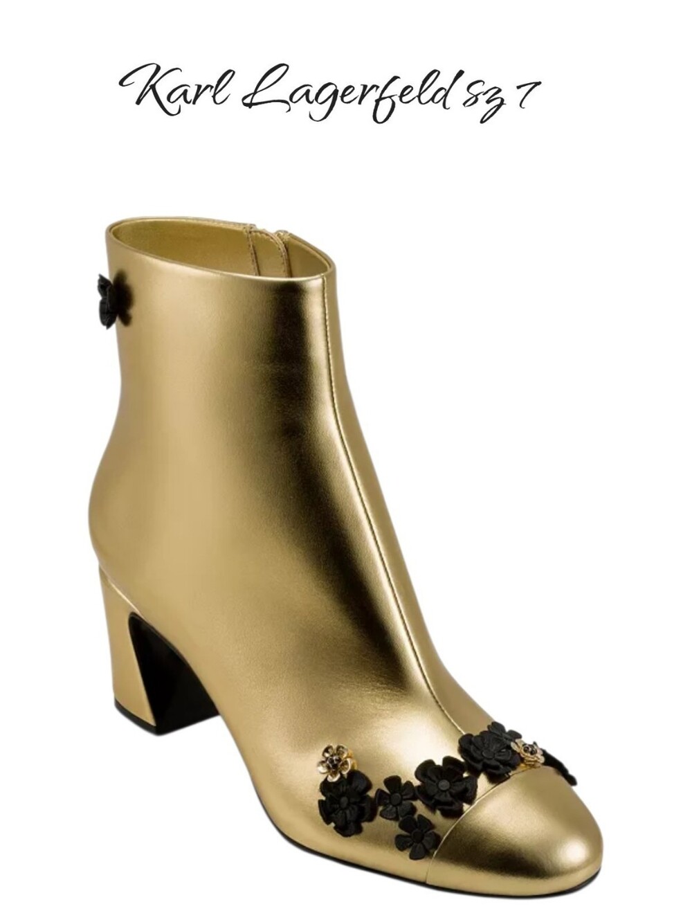 KARL LAGERFELD PARIS Dalyn Fleur Gold Floral Block Heel Ankle Booties 7